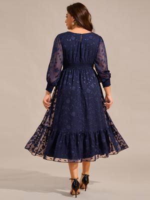 Ever-Pretty Women's Exquisite Plus Size Round Neck Long Sleeve Wedding Guest Dresses with Embroidery Applique Decoration