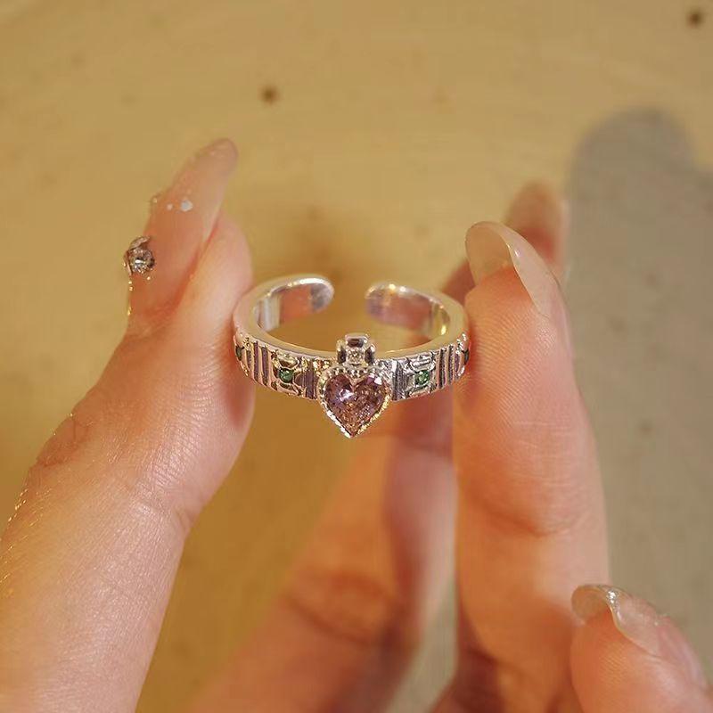 Temperament Sweet Light Luxury Pink Diamond Love Ring Female Korean Niche Versatile High-End Zircon Open Ring