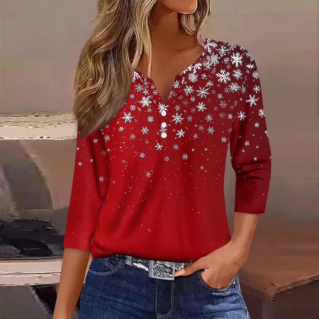 Dámské tričko Vánoční potisk Knoflík 3/4 rukáv Denní Víkendová Móda Základní Výstřih do V Běžný Top