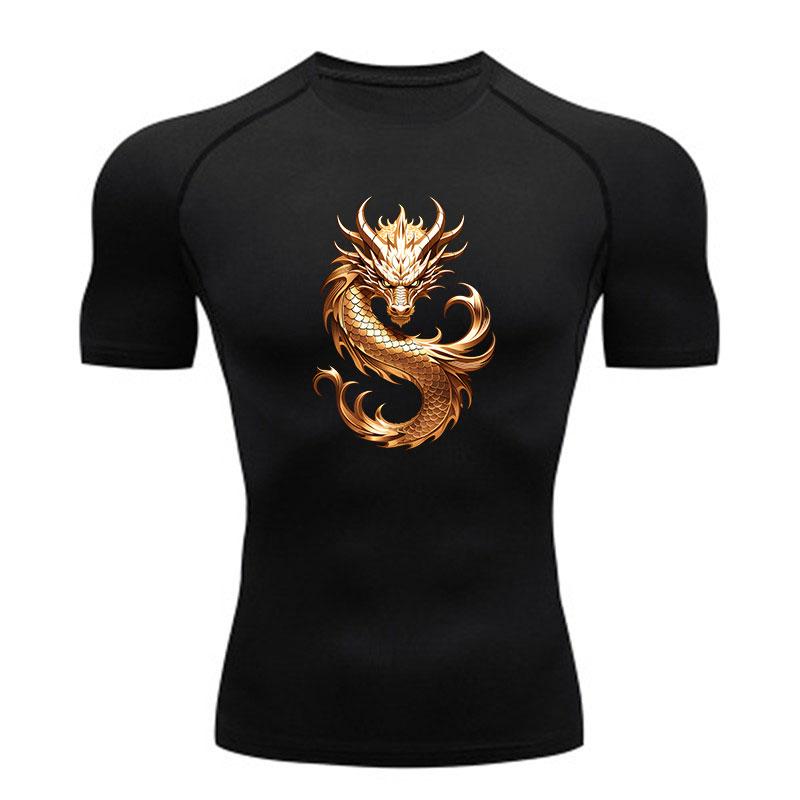 Men's Gold Chinese Dragon Print Compression Workout T-shirt