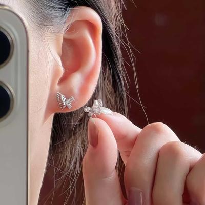 S925 Sterling Silver Zirconia Butterfly Stud Earrings - Elegant Korean Light Luxury Design