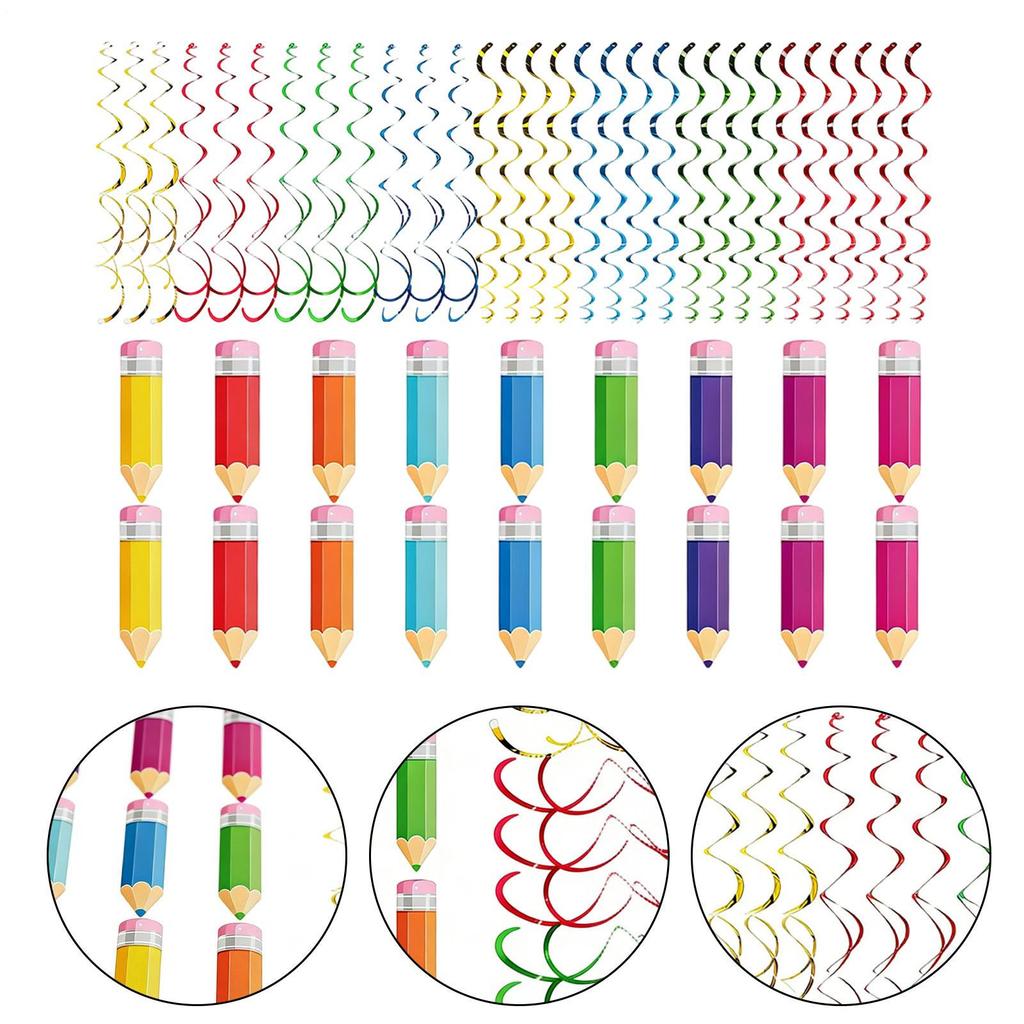 48pcs Colourful Paper Pencil Streamers Pvc Spiral Decoration Spiral Banner Party Ceiling Hanging Ornaments For School Home Kid