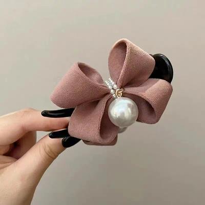 Pearl Bow Tie Hair Claw Clip Plush Ponytail Fixed Elegant Hair Clip Women Headwear Accessory Gift For Girl