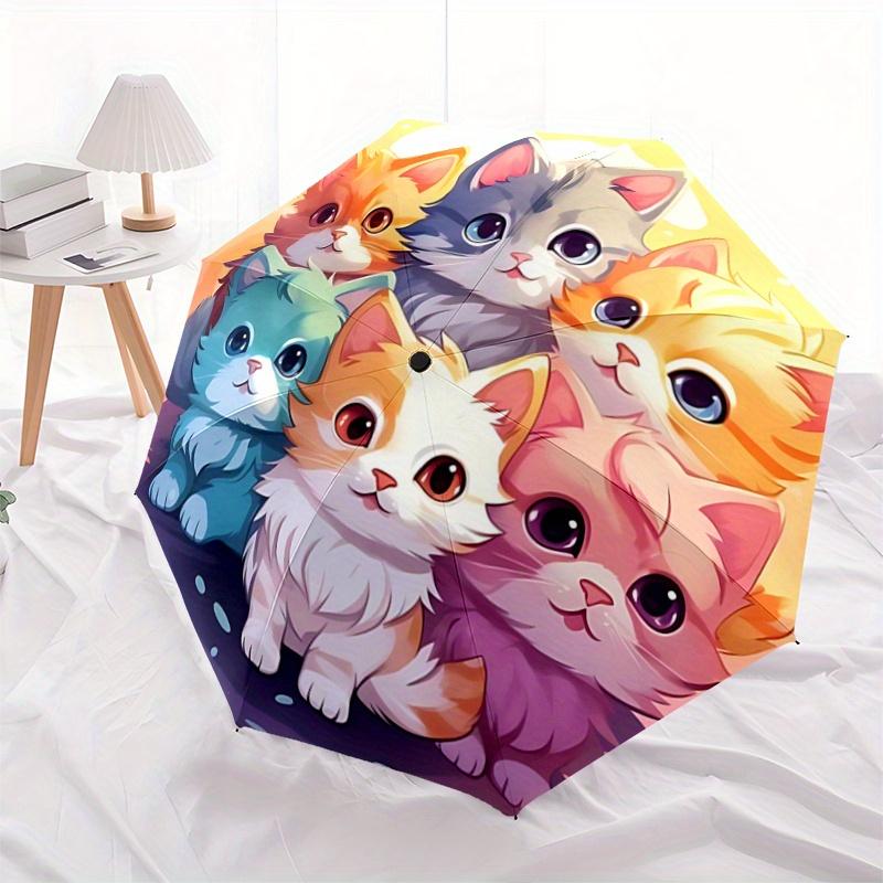 1pc Cartoon Colorful Kittens Animals Durable Cartoon Folding Umbrella, Portable 3-Fold Compact Umbrella for Men and Women, Suitable for Travel or