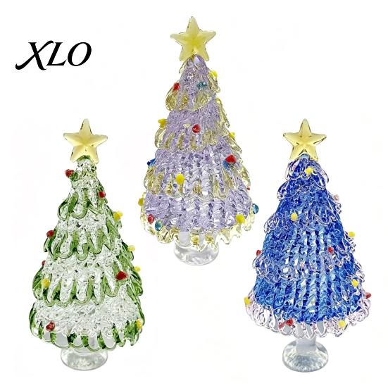 Festive Desk Decoration Hand Blown Glass Christmas Tree Figurine with Golen Star, Atmosphere Decor Mini Xmas Ornament, Handmade Desktop Holiday