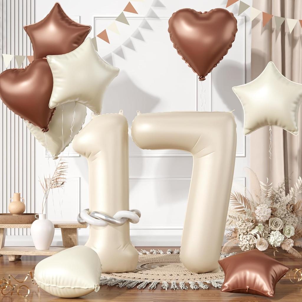 13 Pcs40inch Digital Love Pentagram Aluminum Film Balloon Set 10~21 Years Old Number Cream White Number for Birthday Party Decor