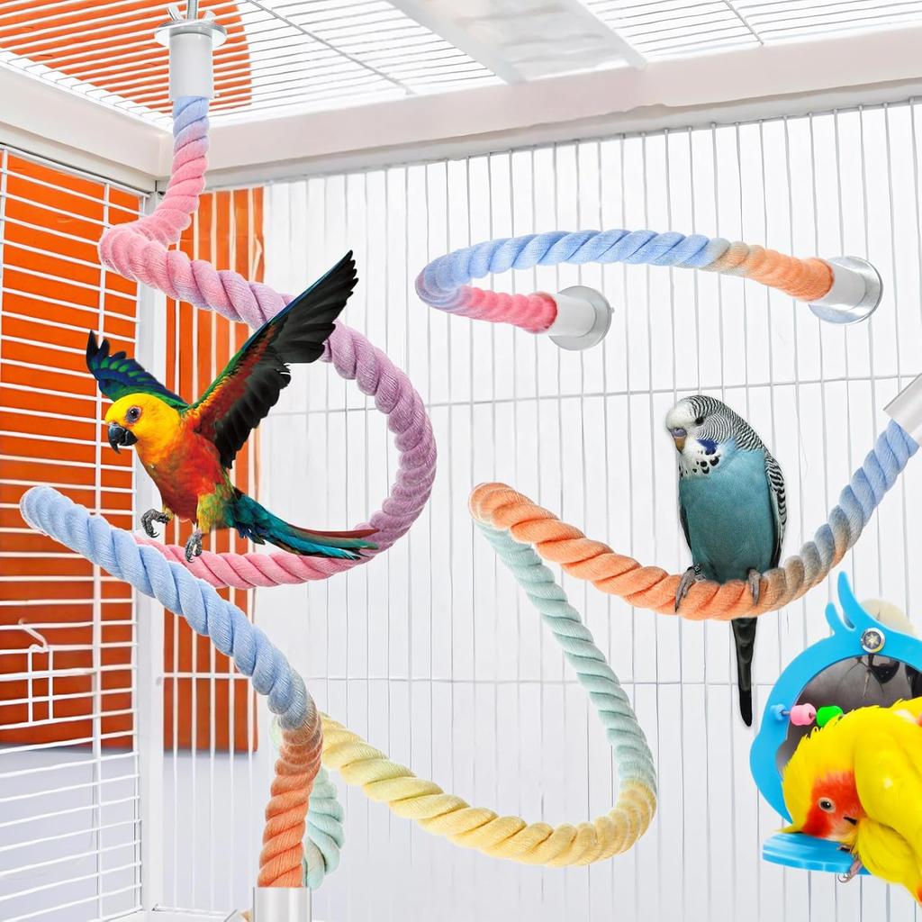 4 Packs Gradient Bendable Bird Rope Perches, Parrot Bird Perch Rope Stand for Cage Climbing Rope Toys Cotton Swing Climbing Rope Standing Bungee Toy