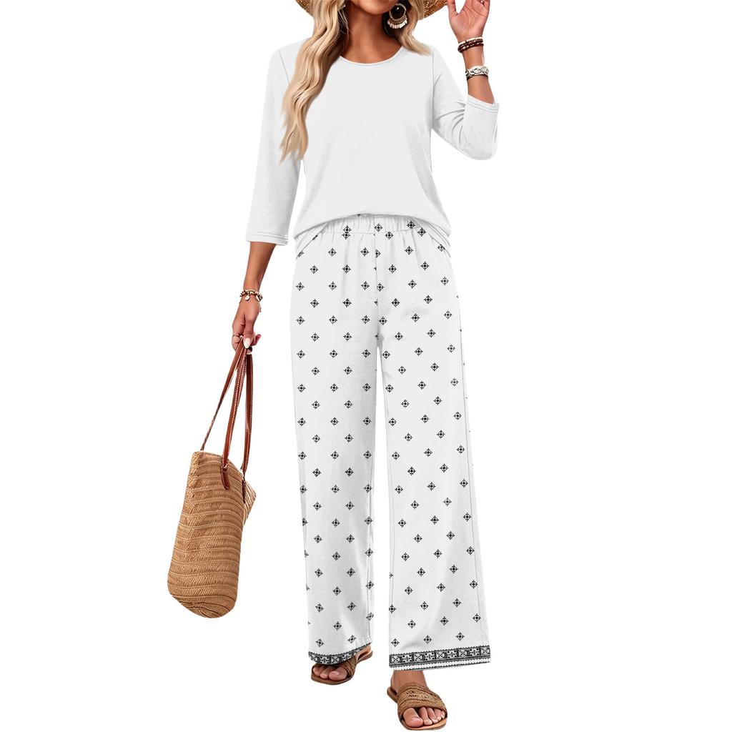 Women's Casual Fashion Round Neck Loose Fit Printed Three Quarter Sleeve Top with Wide Leg Pants Set Comfortable Lounge Wear