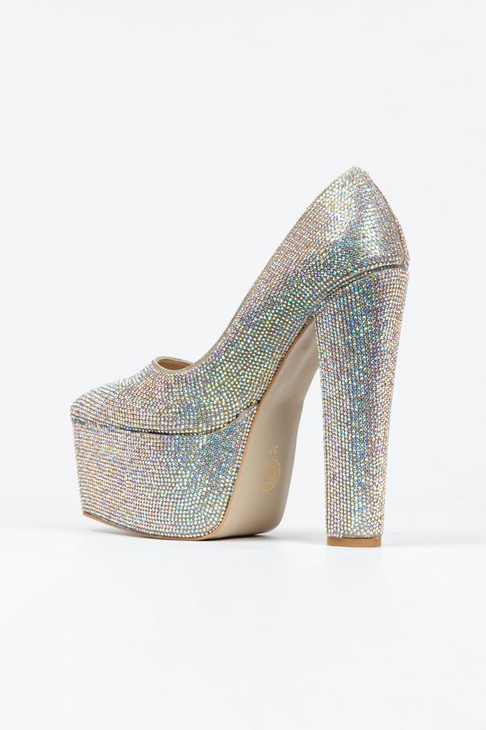 Women's Fashion Platinum Full Stone Classic Pointed Thick Heeled Pointed Platform Evening Dress Shoes For Party