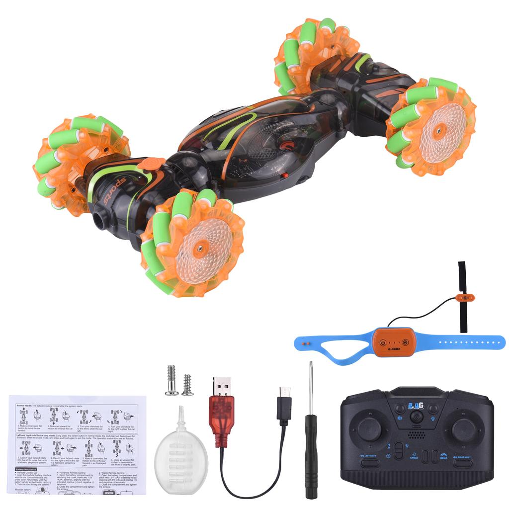 Remote Control Car, 2.4GHz 4WD Gesture Sensing Stunt Car with Spray, Lights and Music, 360° Rotation