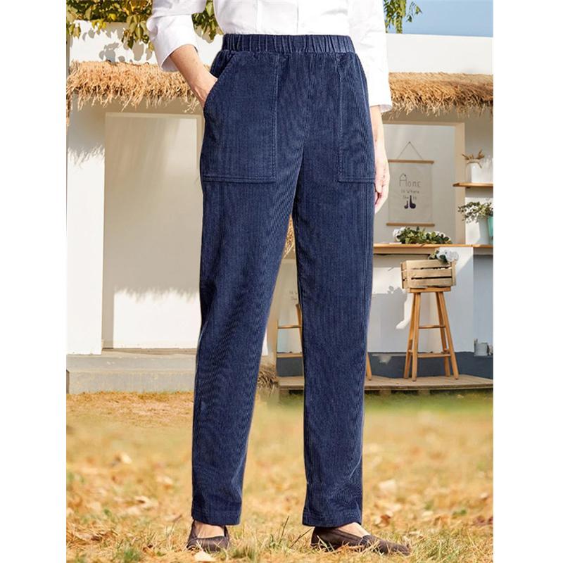 2026 New Women's Solid Color Elastic Waist Corduroy Straight Leg Casual Pants