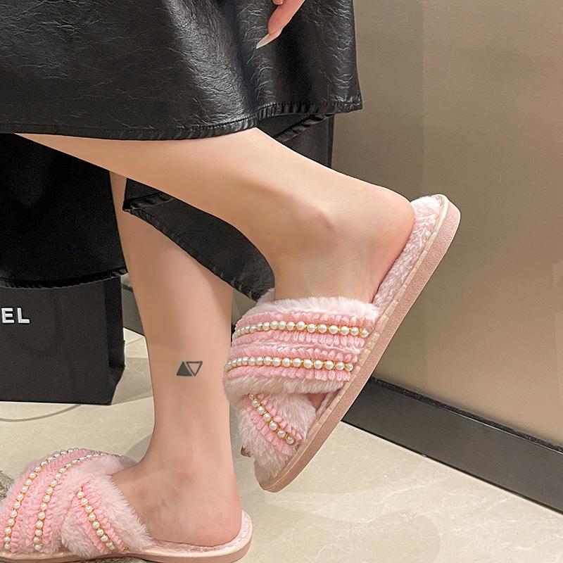 

Модные тапочки Женские Базовые Повседневные На плоской подошве Низкий каблук Досуг Женская обувь Слипоны С ниткой Бусиной Жемчугом Зимняя обувь Большой размер 41