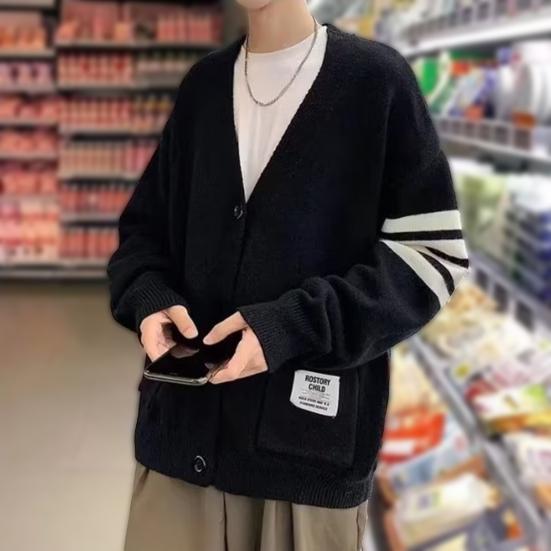 

Осень-зима мужской кардиган с V-образным вырезом, трикотажный однотонный эластичный однотонный свободный на пуговицах в стиле преппи, однобортный свитер в деловом стиле XL чёрный