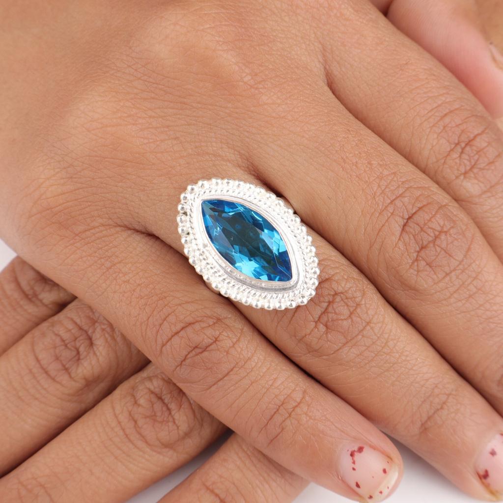 Swiss Blue Topaz Gemstone 925 Sterling Silver Handmade Jewelry Women's Ring RR-26-1