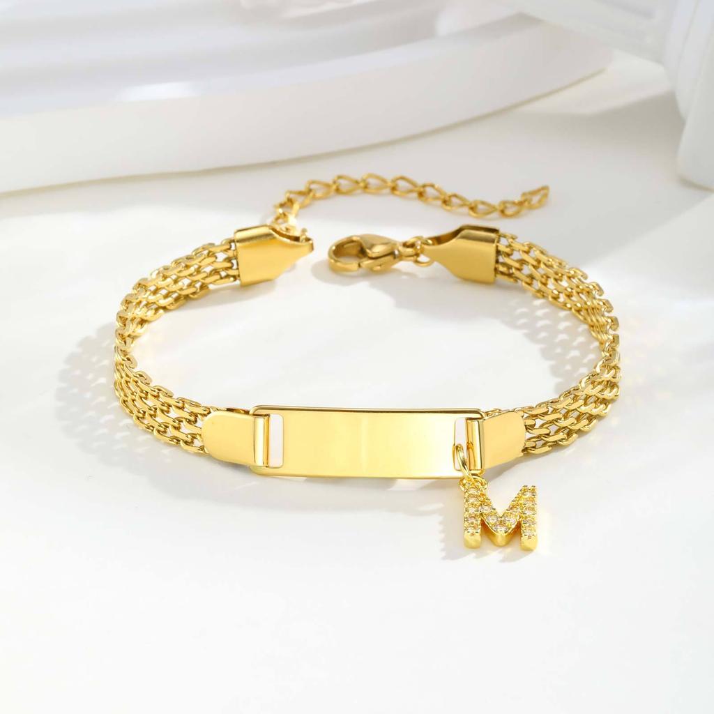 Vnox Free Engraved 26 Letters Bracelets For Mom Baby, Stainless Steel Strap Chain With Curved Nameplate Wristband Birthday Gifts