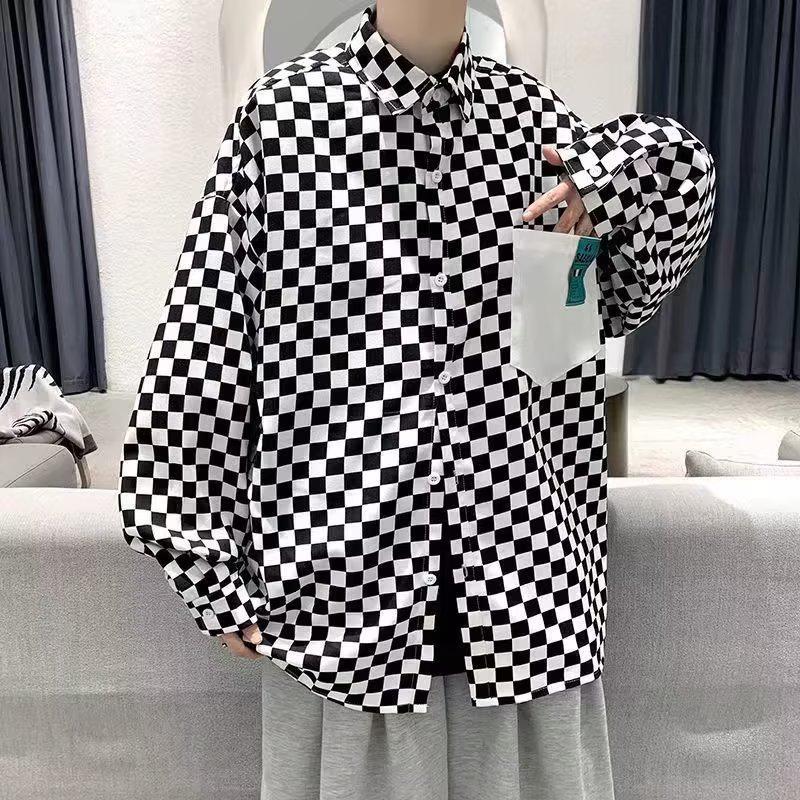 Men's Retro Checkered Patchwork Jacket - Long-Sleeve, Loose-Fit, Lapel Style for Spring & Autumn
