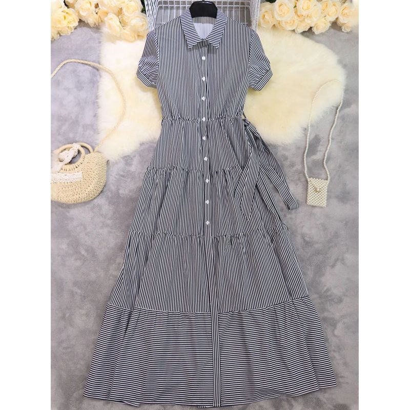 Fd492 in Stock 2025 Cross-Border New Amazon Fashion Stripe Short sleeve Loose Mid-Length Dress