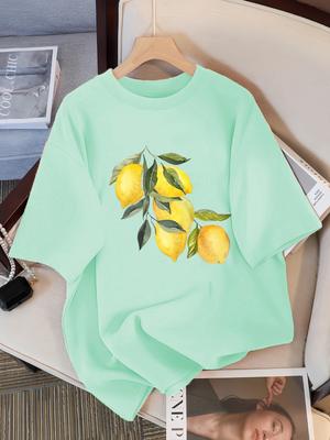 Kreative Zitronenmuster T-Shirts Lässige Weiche Oberteile Mode Cooles Tee Kleidung Baumwolle Street Sommer Kurzarm für Damen