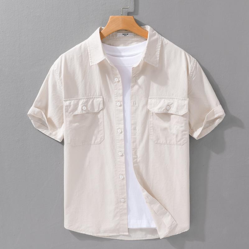 Summer Cargo Short Sleeve Shirt Men Japanese Style Workwear Men Tops Slim Fit 100cotton Casual Shirt Comfort