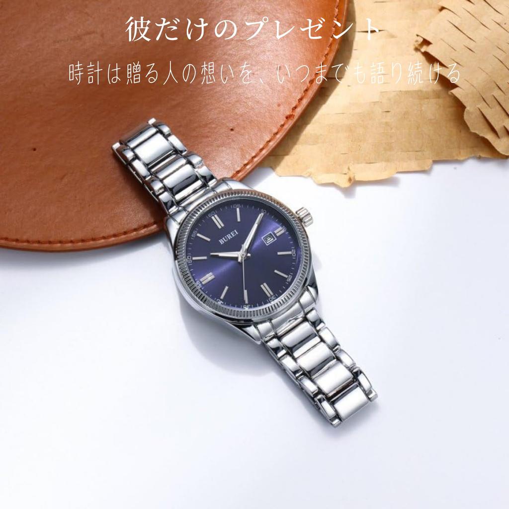 BUREI Analog Quartz Simple Date Easy To Stainless Popular Business Day Gift Men's Watch, Blue, Display, Waterproof, Read, Steel, Brand, Stylish,