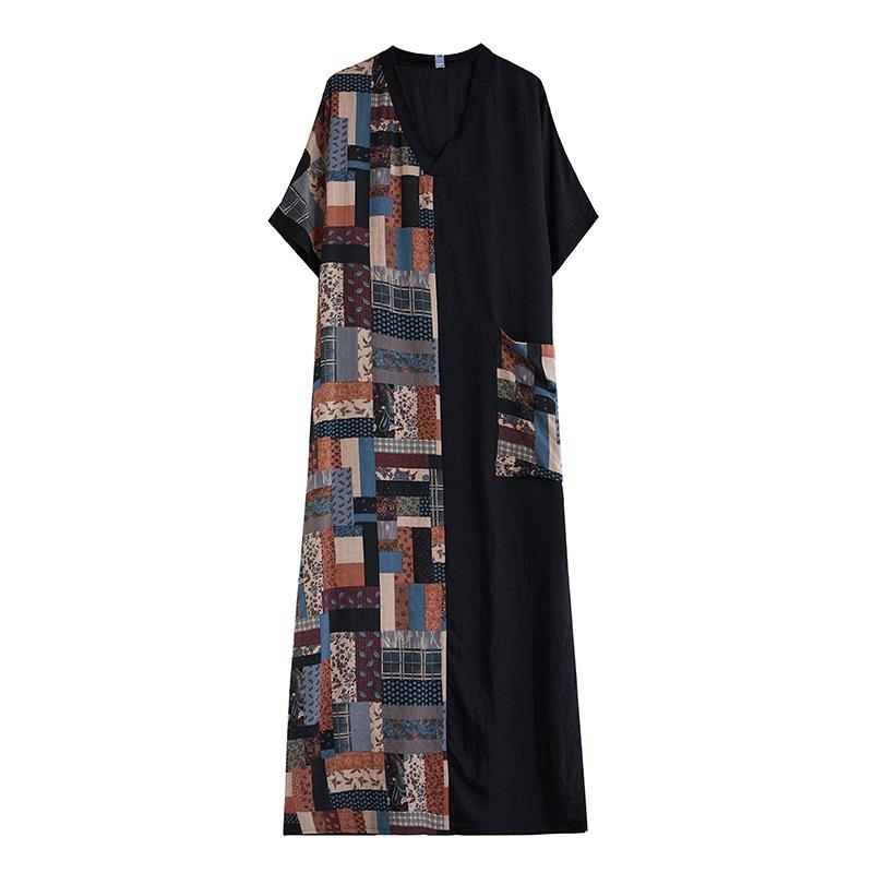 Krátký rukáv Extra velikost bavlna Saténový vintage patchwork novinka v šatech pro ženy ležérní volné Maxi dlouhé letní šaty
