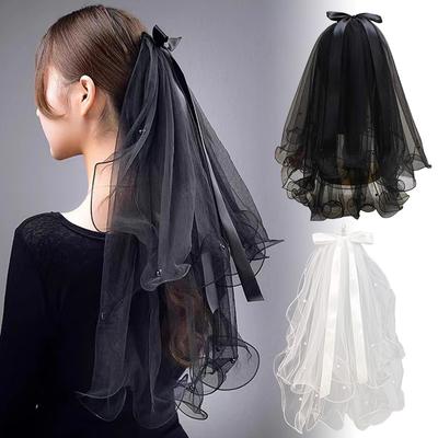 1 pieza Lazo de cinta de boda Nudo de lazo Malla cubierta para la cara Cosplay Con peine Velo corto de novia Accesorios para el cabello Velos de cabeza de perlas de doble capa