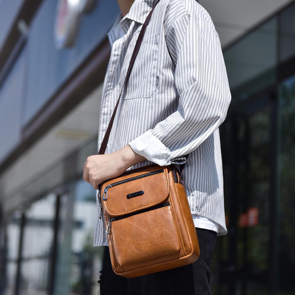 Mens Vintage Fashion Sling Bag Large Capacity Solid Pu Leather Message Bag One Shoulder Bag with Handle