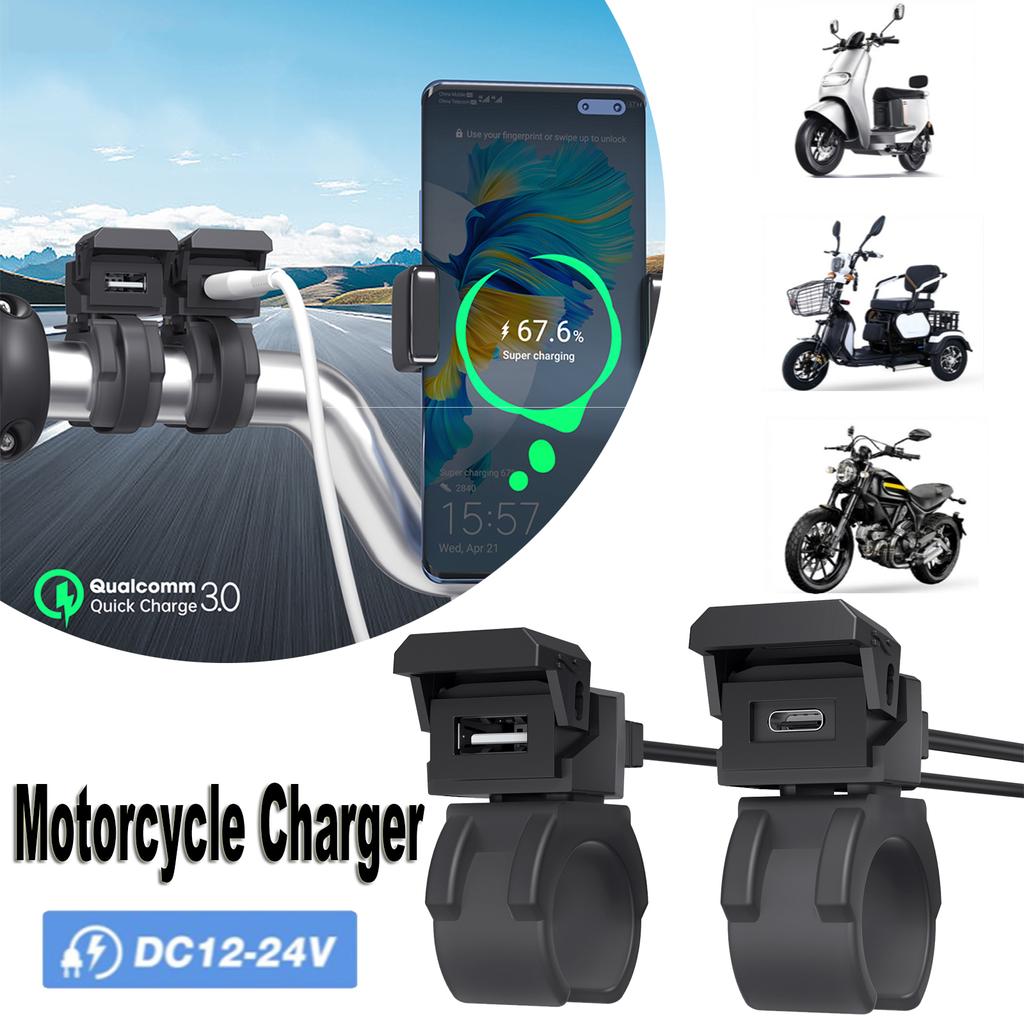 Încărcător de motocicletă QC3.0 2 în 1 USB tip C adaptoare impermeabile ghidon suport de montare încărcător pentru telefon 12/24V priză la bord