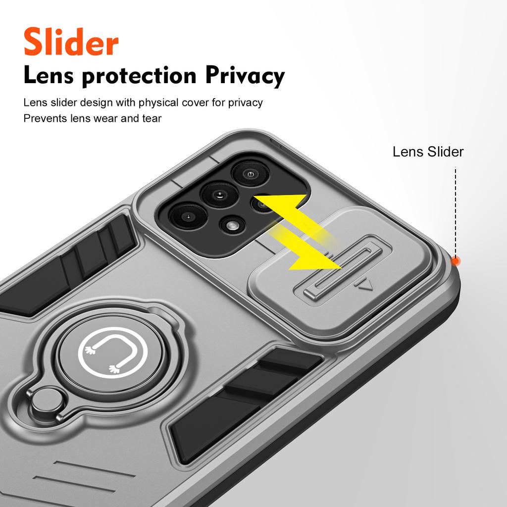 For Samsung Galaxy A23 4G/A23 5G (Global Version) Case PC+TPU Kickstand Lens Lid Phone Cover