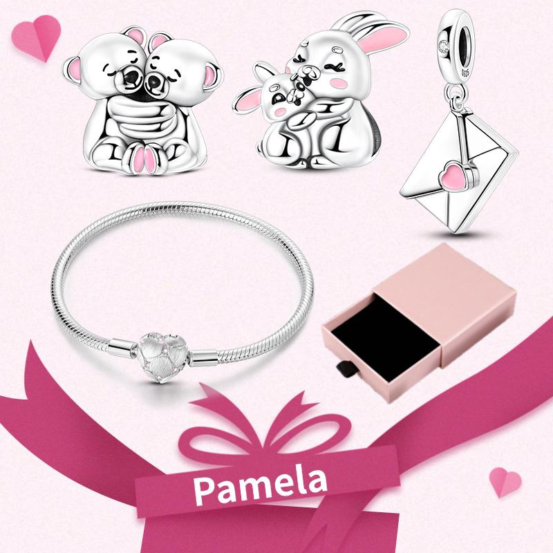 Pink Heart Charm Set 925 Original Silver Charms Bracelet With Gift Box For Women Wedding Anniversary Jewelry Gift 4pcs/lot