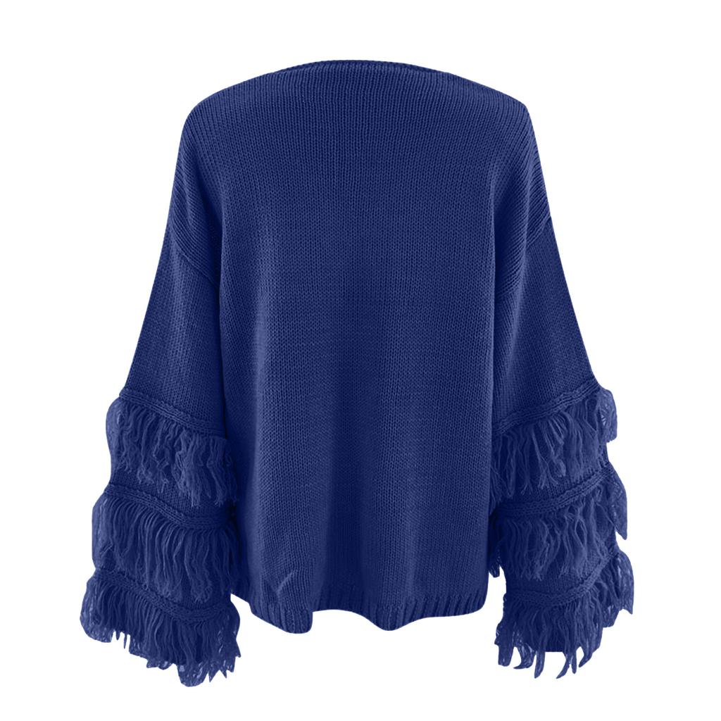 Women's  And Winter Loose Solid Color Wide Sleeve Tassels Stitching Long-sleeved  Knit Sweater Top