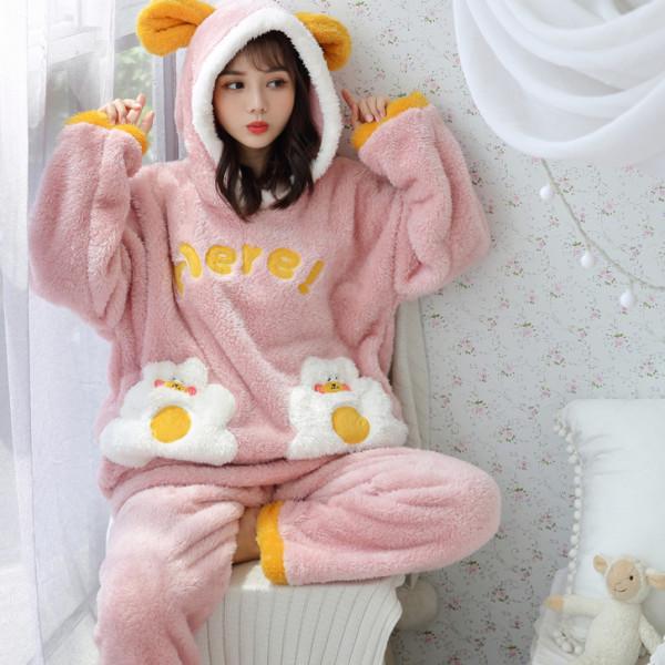 Damen Langhaariger Flanell-Pyjama mit Kapuze - Dicker, warmer Korallenfleece-Anzug für Herbst/Winter