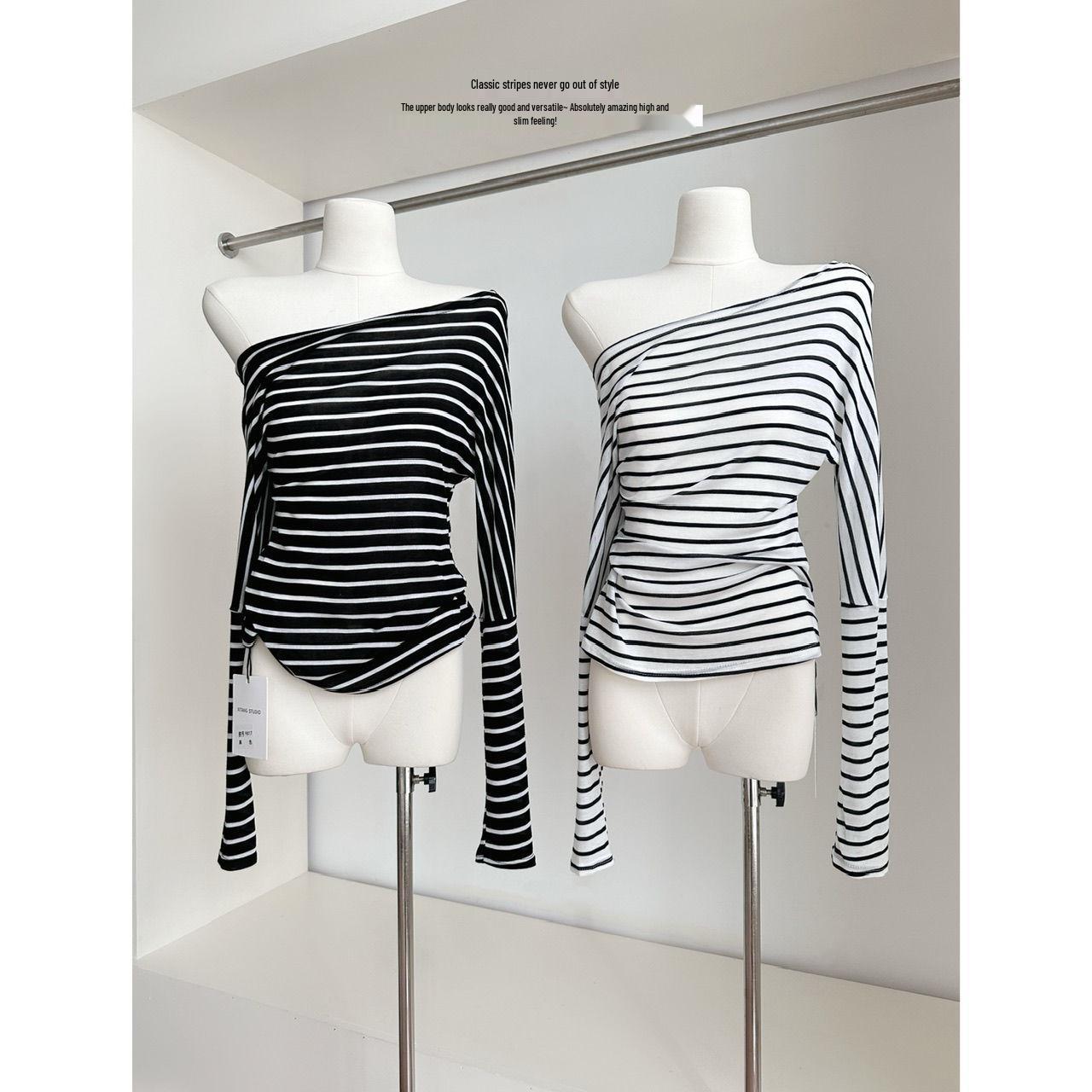 

Трендовый корейский женский топ на одно плечо с длинным рукавом в полоску 2025 L белый