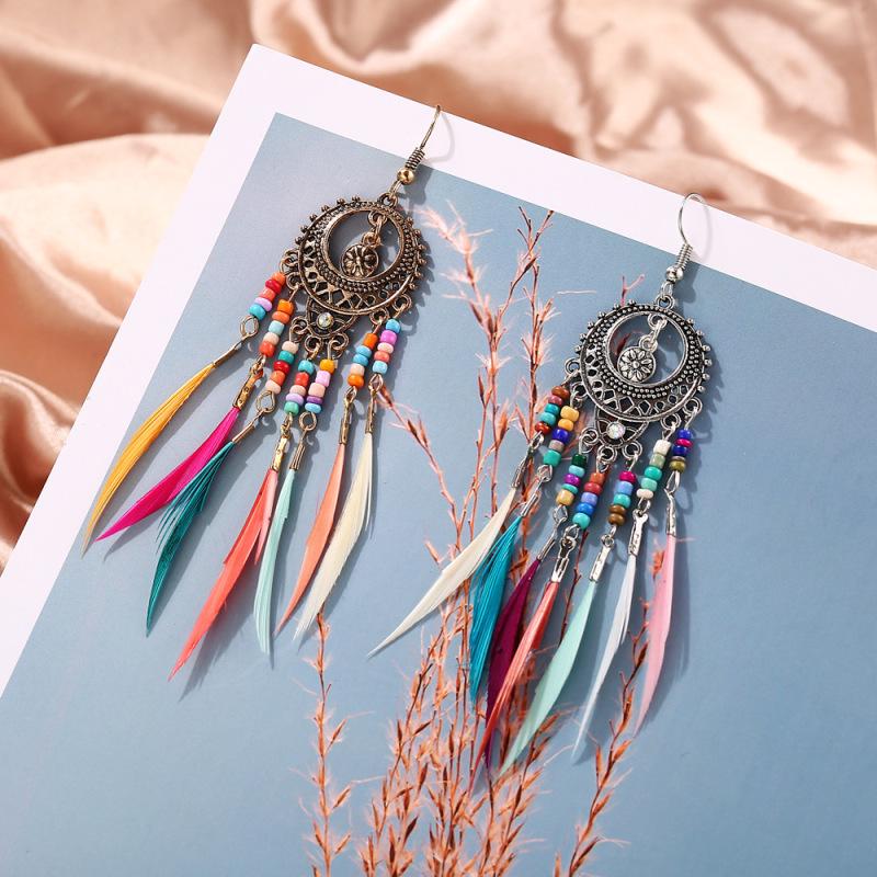 RUI RUI YU Retro Ethnic Style Hollow Out Carving Colors Beads Feather Tassel Earrings