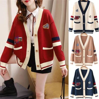 Winterpullover Strickjacke für Damen Lockere lässige Vintage Farbblockmäntel Herbst V-Ausschnitt Koreanische Mode Langarm Damen Tops