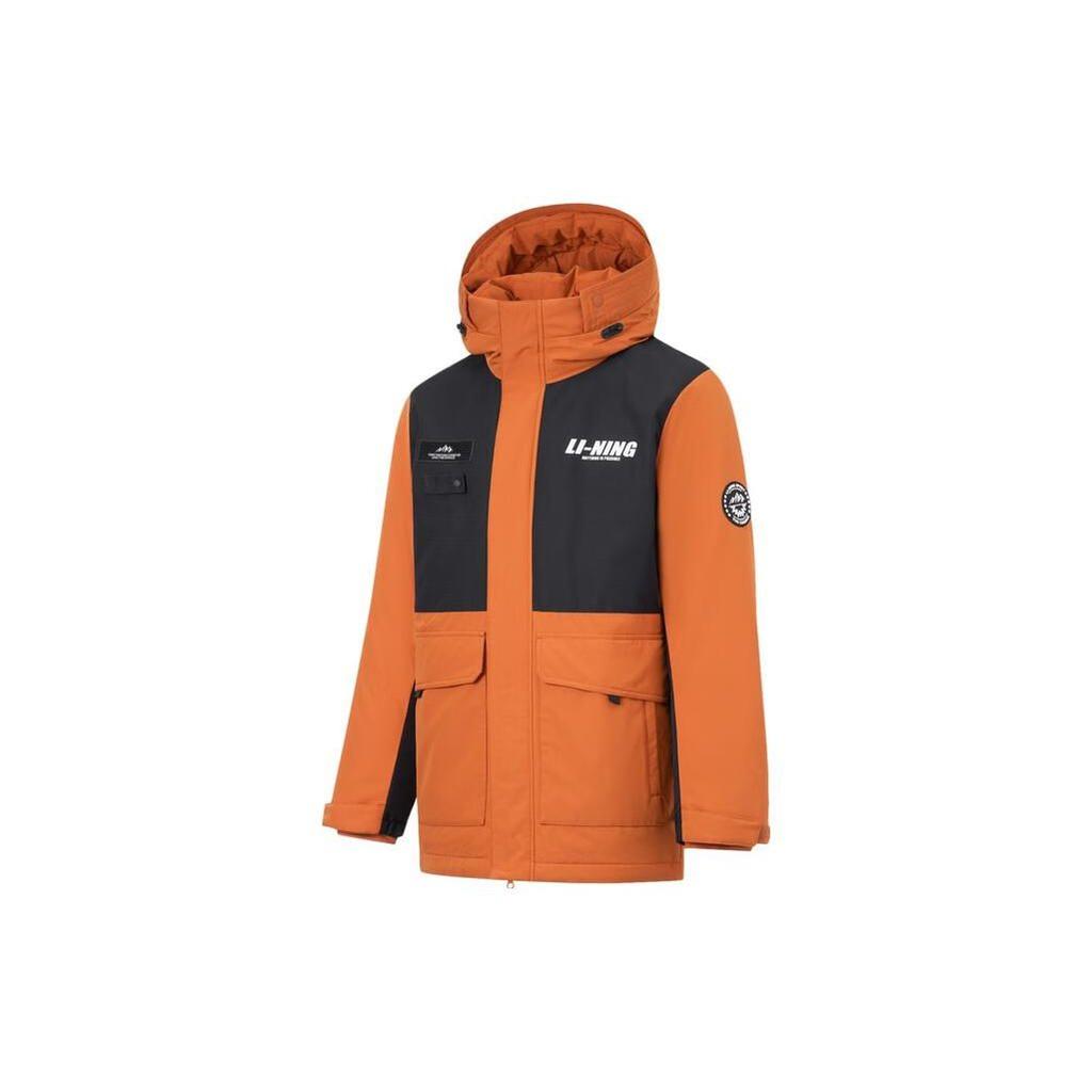 Li-Ning Color Block Hooded Mid-Length Down Jacket Men Outerwear Red Brown AYMT325-1