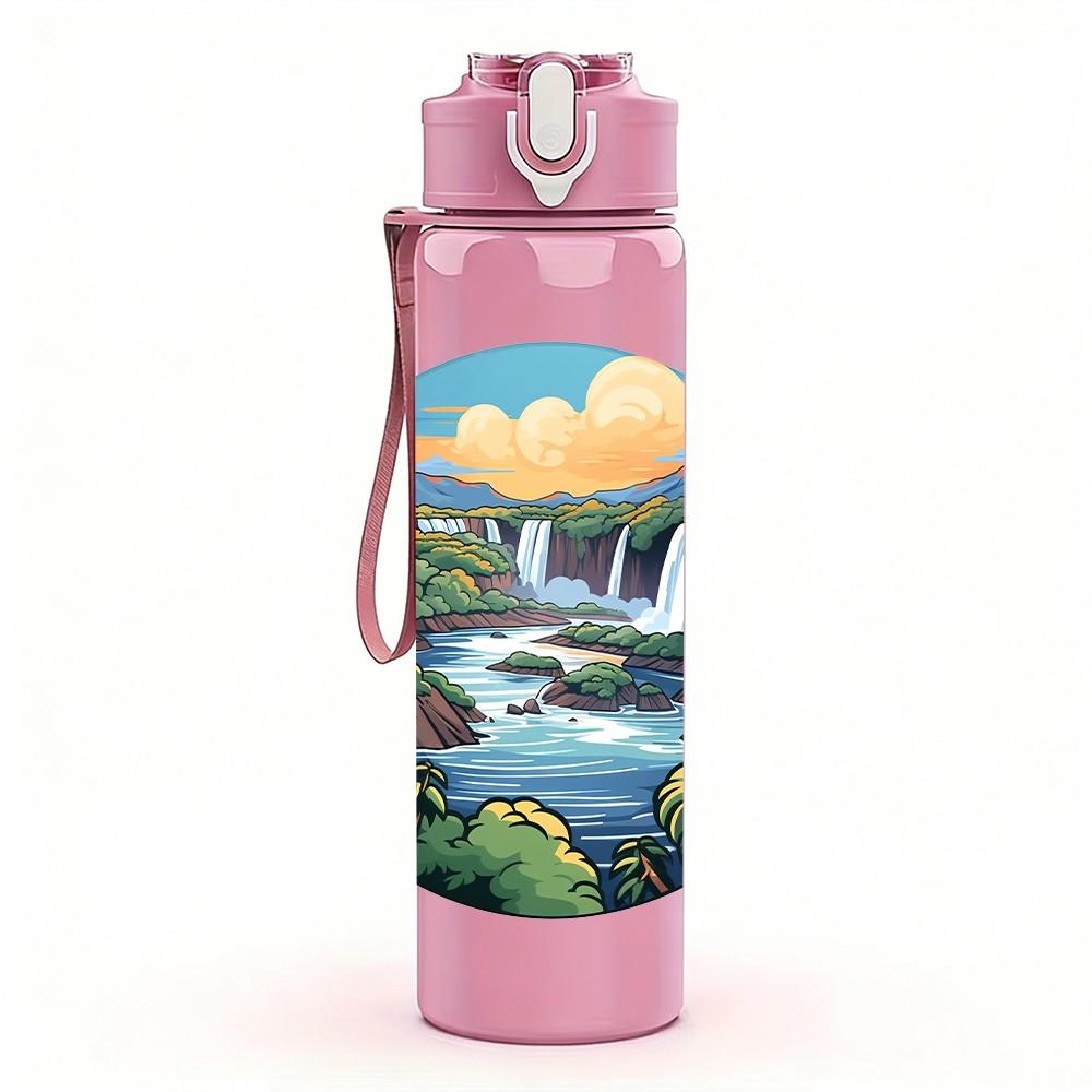1PC Waterfall Mountain River Landscape Print 750ml Color Plastic Sports Water Bottle Leakproof Flip Straw Lid Suitable for Sports Office Home Use