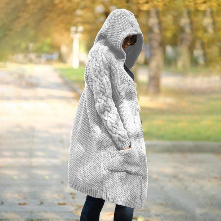 Plus Size Women Knit Sweater Hooded Cardigan Jacket Thickened Long Autumn Winter