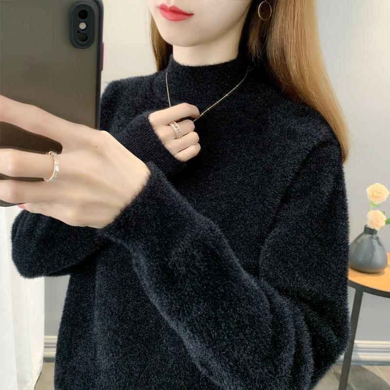Autumn Winter Half High Collar Solid Color Simple Sweater Women Loose Casual All-match Pullover Knitting Top