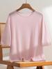 Women's 100% Pure Cashmere Short Sleeve Round Neck Sweater - Rolled Hem Knitwear, Early Autumn Versatile Pullover