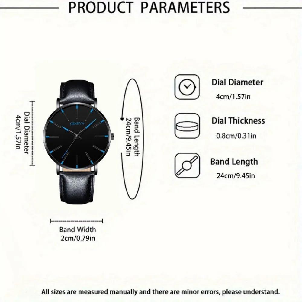 2pcs/set Fashion Mens Watch Round Analog PU Leather Strap Male Quartz Wristwatch Ideal Choice for Halloween Gifts