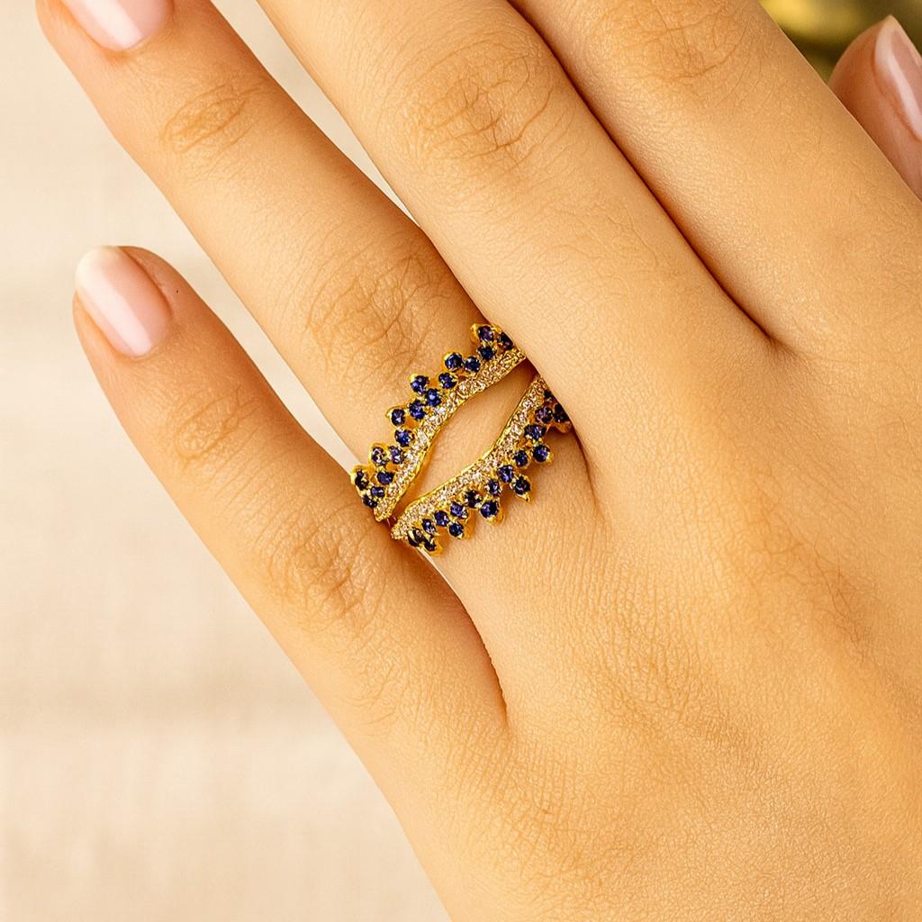 Zafiro azul y diamante simulado doblemente curvado chapado en oro blanco banda envolvente realzadora para boda — anillo de regalo para novia/aniversario