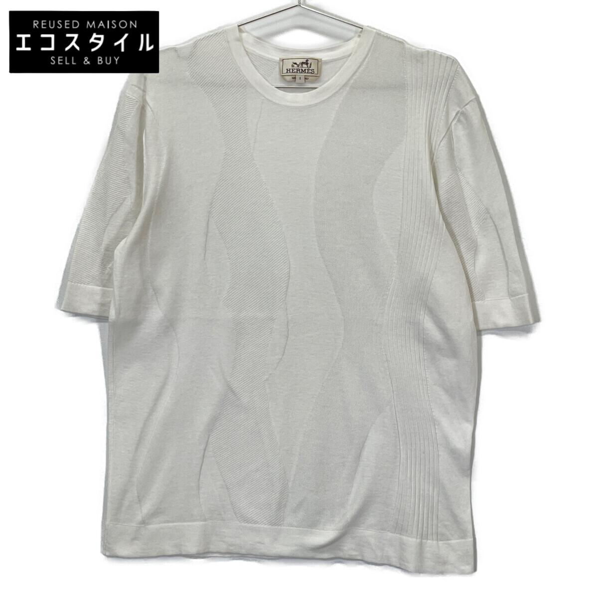 

HERMES White Wave Embossed Half Sleeve Pullover Knit tops S whiteUsed