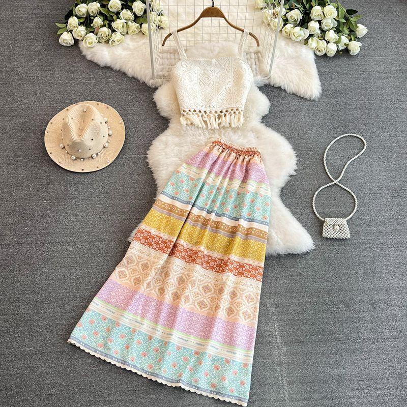 

Bohemia Style Retro Tassel Suspender Tops High Waist Skirt Female 2024 New Arrival Summer Dopamine Suit Apricot Tops + apricot bottom Print skirt M