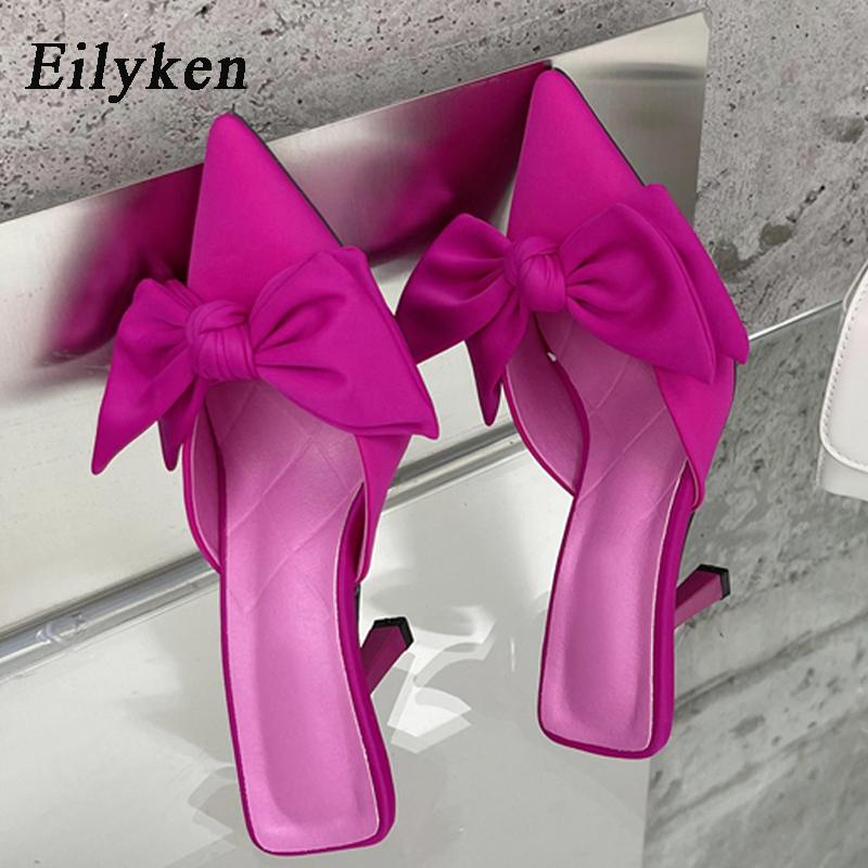 Fashion Eilyken Autumn Big Butterfly-knot Women Slippers Sandals Shallow Pointed Toe Mules Stripper High Heel Pumps Ladies Shoes