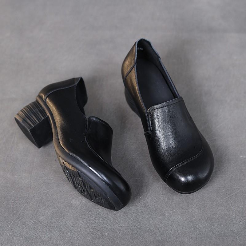 Johnature Genuine Leather Solid Color Thick Heeled Pumps Retro Versatile Round Toe Women's Shoes