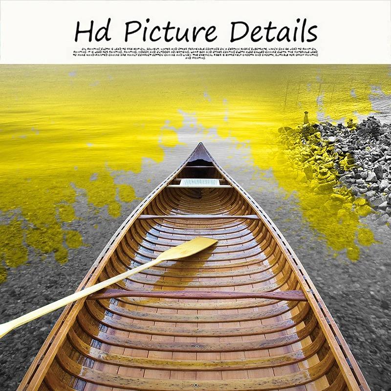 Oro Nordico Lago di Montagna Barca Poster Arte da Parete Stampa su Tela Pittura Paesaggio Naturale Scandinavo Arredamento Moderno per la Casa