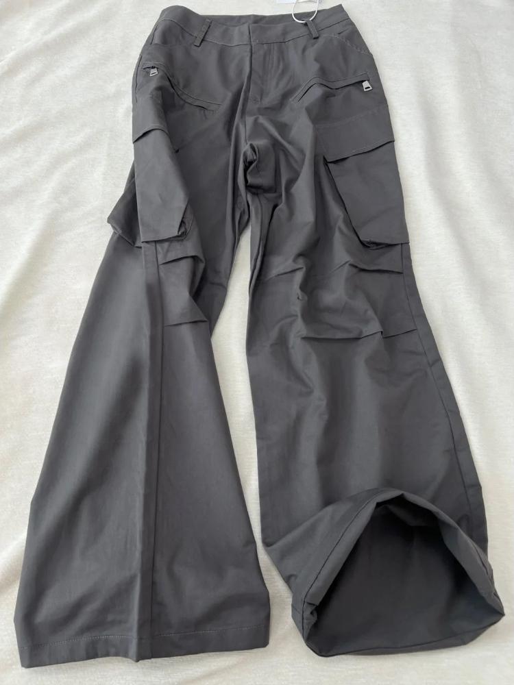 2025 Spring Summer New Gray Cargo Pants Women's High Waisted Thin American Retro Straight Wide-leg Pants Y2k Casual Flared Pants