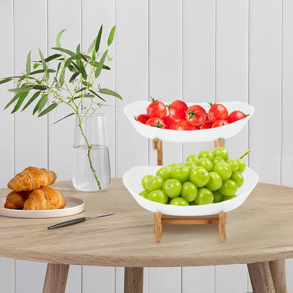 Fruit Bowl Fruit Basket 2 Tier Large Plastic Ceramic Bowl with Bamboo Stand for Snacks Candy Dessert Table Centerpiece Decor