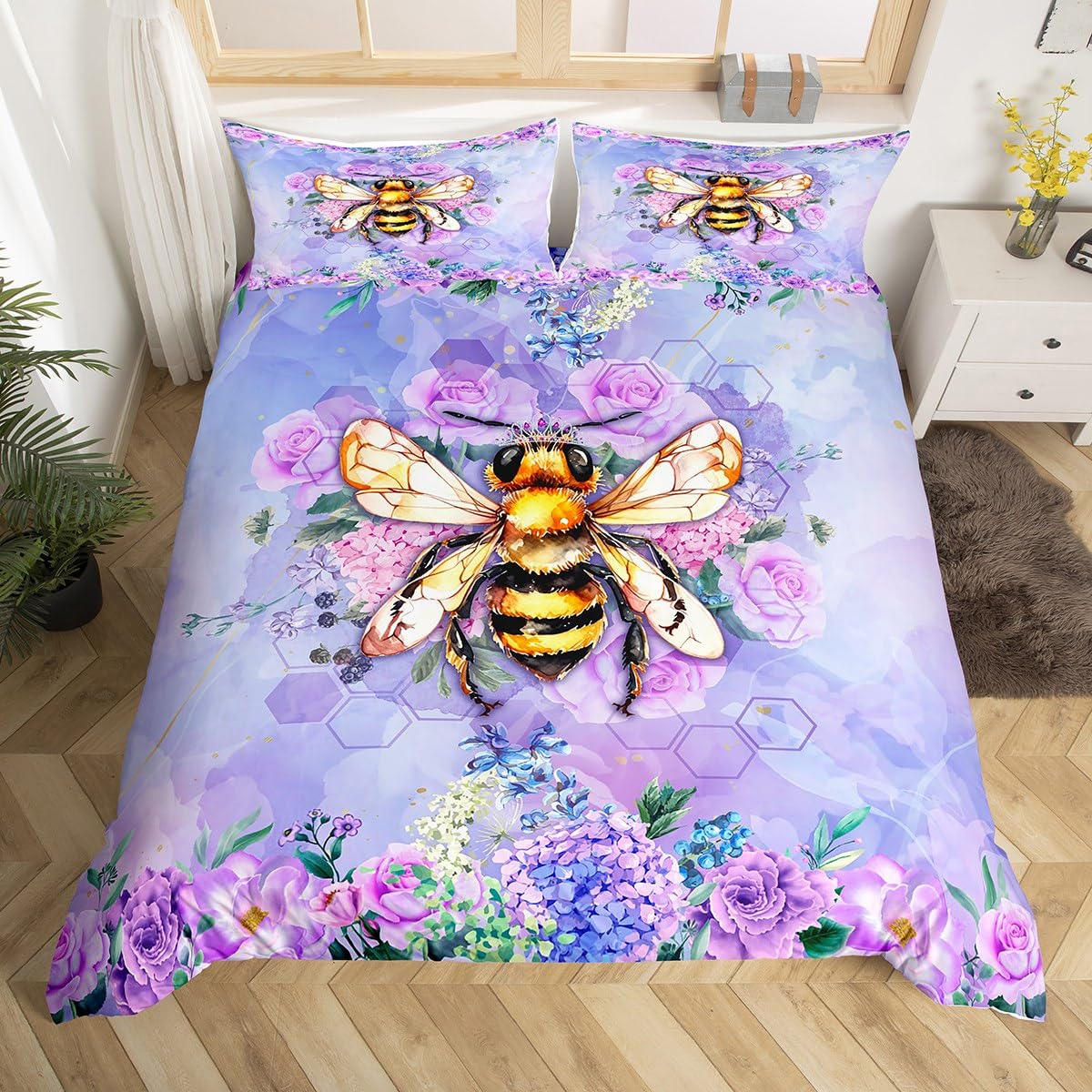 

Bees Duvet Cover Sets for Kids Boys Girls Teens Queen Size Lightweight Down Bedding Set 2 Pillowcases 1 Comforter Cover No Quilt (135x200cm)